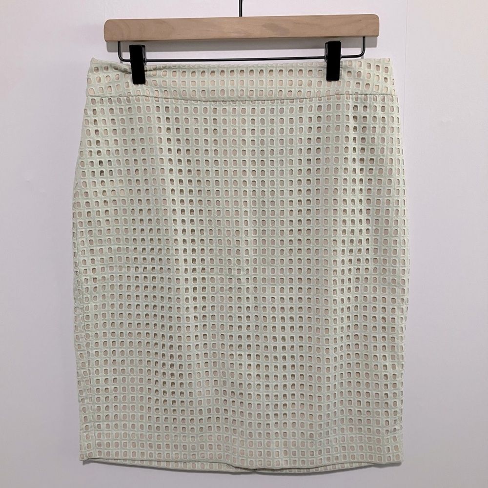Ann Taylor Pencil Skirt Women Petite Size 10 Light Green Eyelet over Tan Cotton